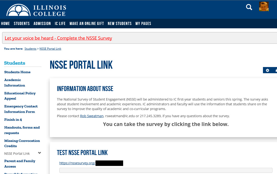 Picture of Illinois College's LMS platform showing a unique NSSE link